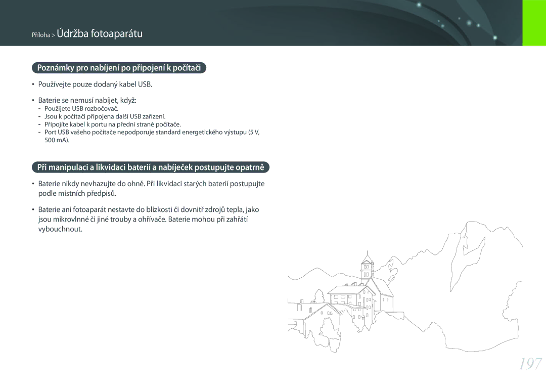 Samsung EV-NX500ZBMICH, EV-NX500ZBMIHU, EV-NX500ZBMHHU manual 197, Poznámky pro nabíjení po připojení k počítači 
