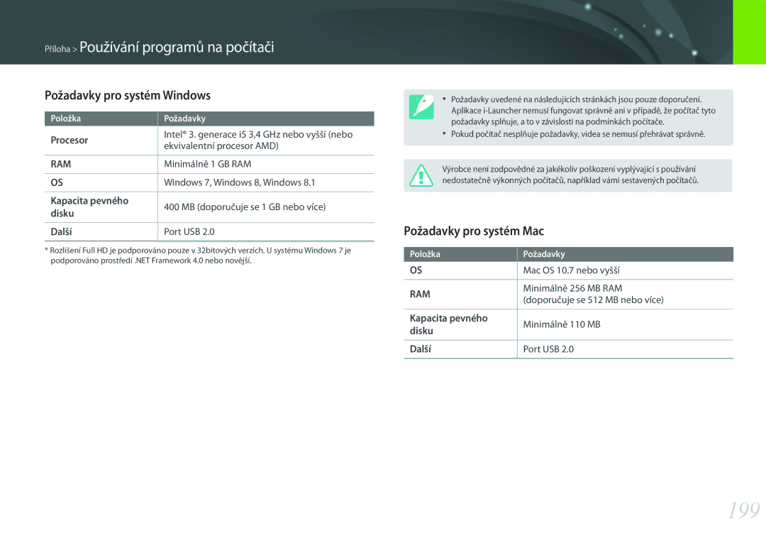 Samsung EV-NX500ZBMHHU, EV-NX500ZBMICH, EV-NX500ZBMIHU manual 199, Požadavky pro systém Windows, Požadavky pro systém Mac 