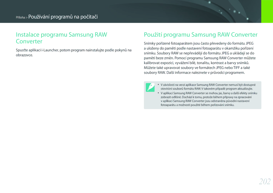 Samsung EV-NX500ZBMHHU manual 202, Instalace programu Samsung RAW Converter, Použití programu Samsung RAW Converter 