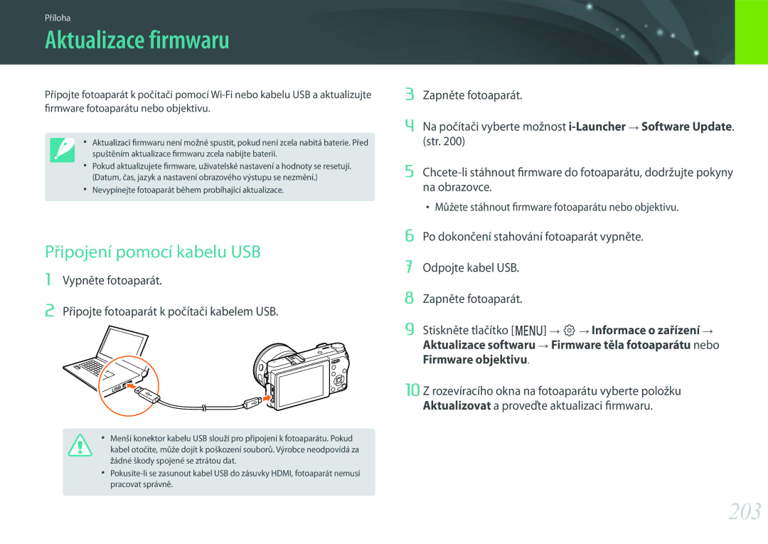 Samsung EV-NX500ZBMICH manual Aktualizace firmwaru, 203, Připojení pomocí kabelu USB, Firmware těla fotoaparátu nebo 