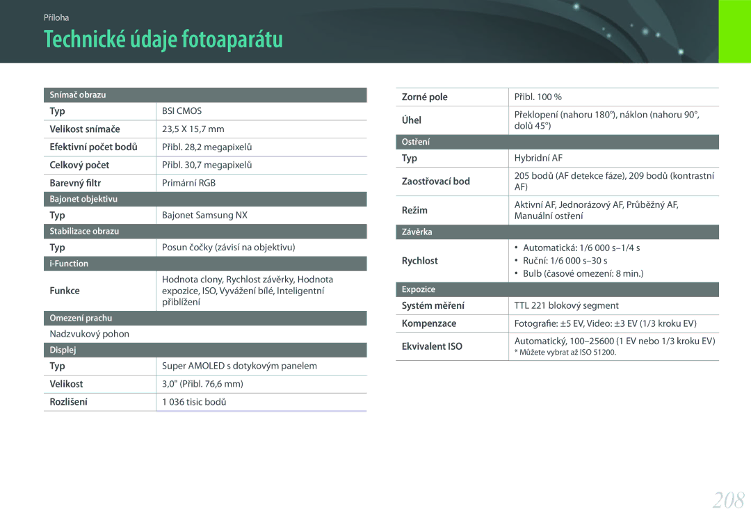 Samsung EV-NX500ZBMHHU, EV-NX500ZBMICH, EV-NX500ZBMIHU manual Technické údaje fotoaparátu, 208 