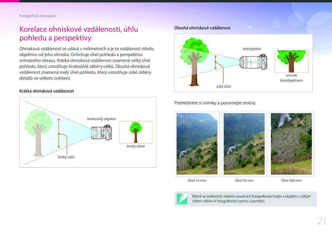 Samsung EV-NX500ZBMIHU, EV-NX500ZBMICH, EV-NX500ZBMHHU manual Korelace ohniskové vzdálenosti, úhlu pohledu a perspektivy 