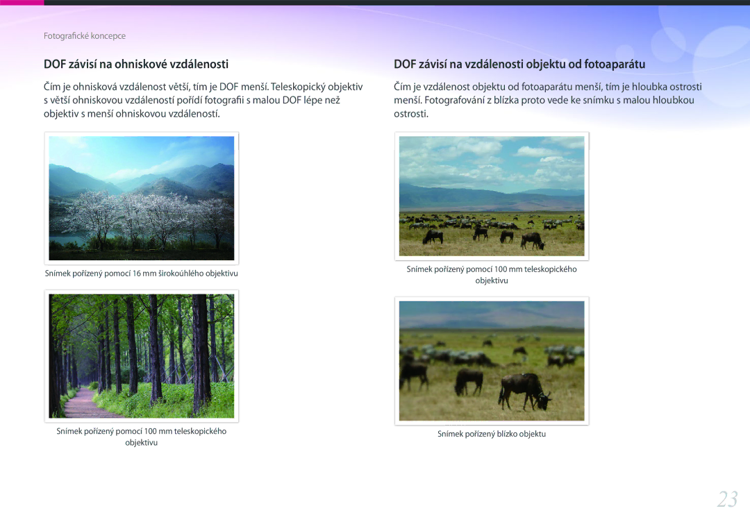 Samsung EV-NX500ZBMICH manual DOF závisí na ohniskové vzdálenosti, DOF závisí na vzdálenosti objektu od fotoaparátu 
