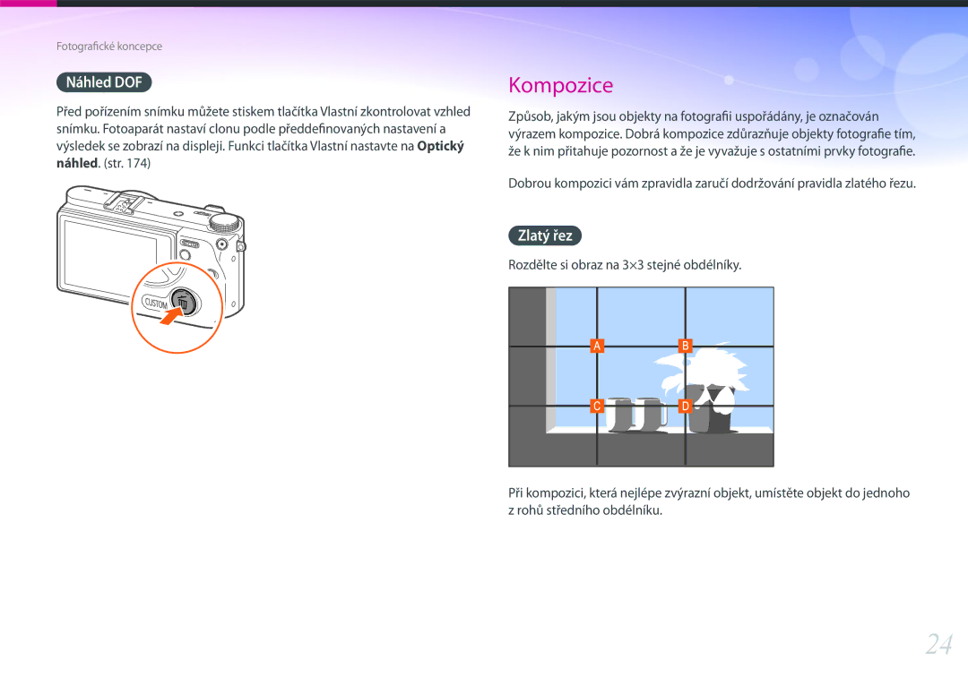 Samsung EV-NX500ZBMIHU, EV-NX500ZBMICH, EV-NX500ZBMHHU manual Náhled DOF, Zlatý řez 