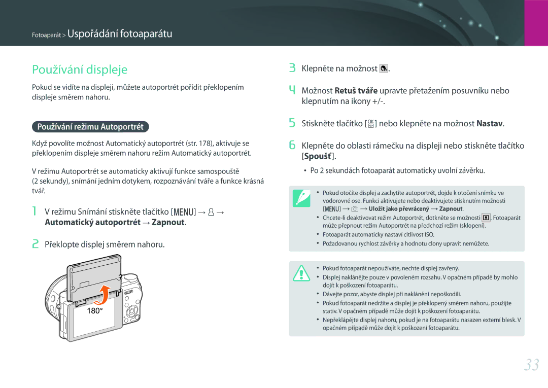 Samsung EV-NX500ZBMIHU, EV-NX500ZBMICH, EV-NX500ZBMHHU manual Používání displeje, Používání režimu Autoportrét 