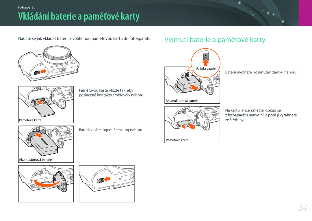 Samsung EV-NX500ZBMHHU, EV-NX500ZBMICH manual Vkládání baterie a paměťové karty, Baterii vložte logem Samsung nahoru 