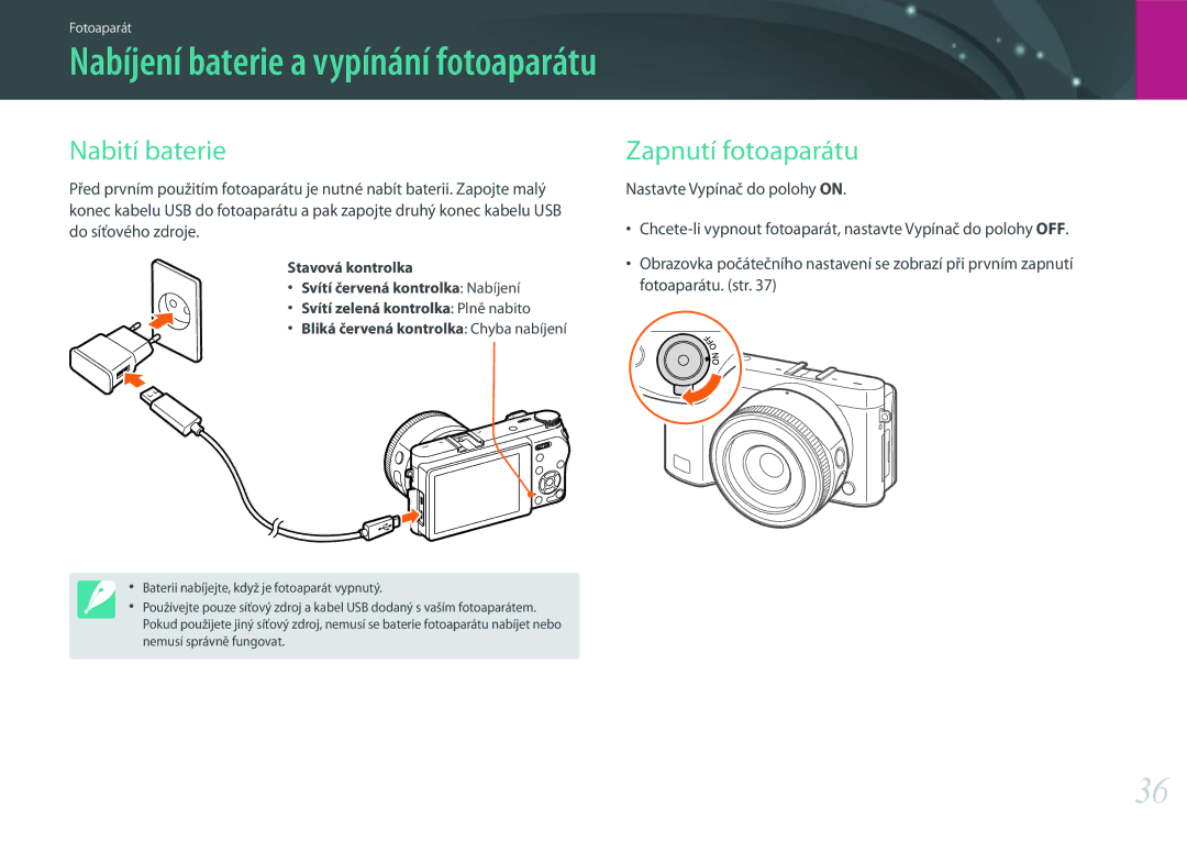 Samsung EV-NX500ZBMIHU, EV-NX500ZBMICH, EV-NX500ZBMHHU manual Nabití baterie, Zapnutí fotoaparátu 