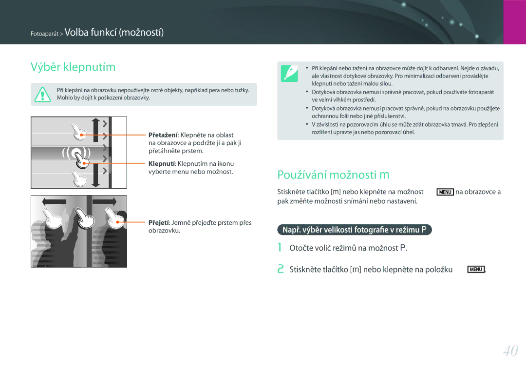Samsung EV-NX500ZBMHHU, EV-NX500ZBMICH Výběr klepnutím, Používání možnosti m, Např. výběr velikosti fotografie v režimu P 