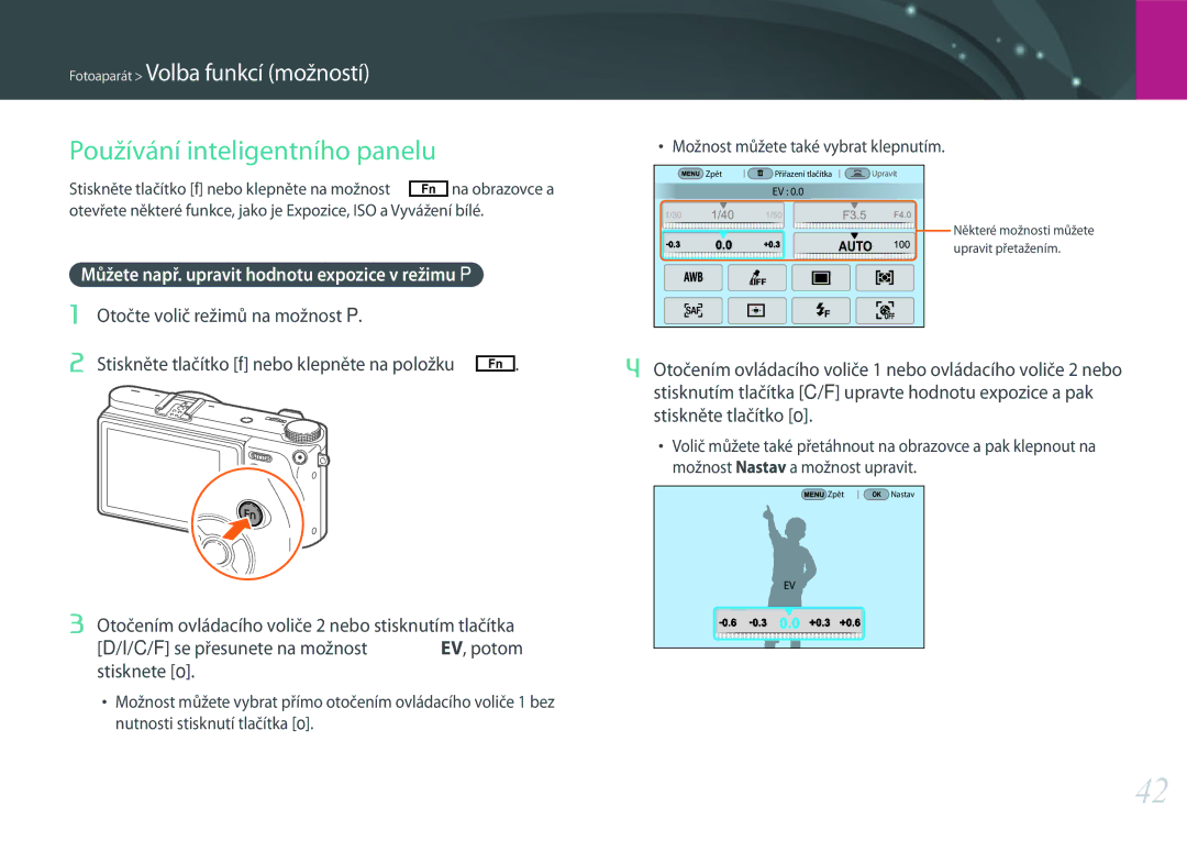Samsung EV-NX500ZBMIHU, EV-NX500ZBMICH Používání inteligentního panelu, Můžete např. upravit hodnotu expozice v režimu P 