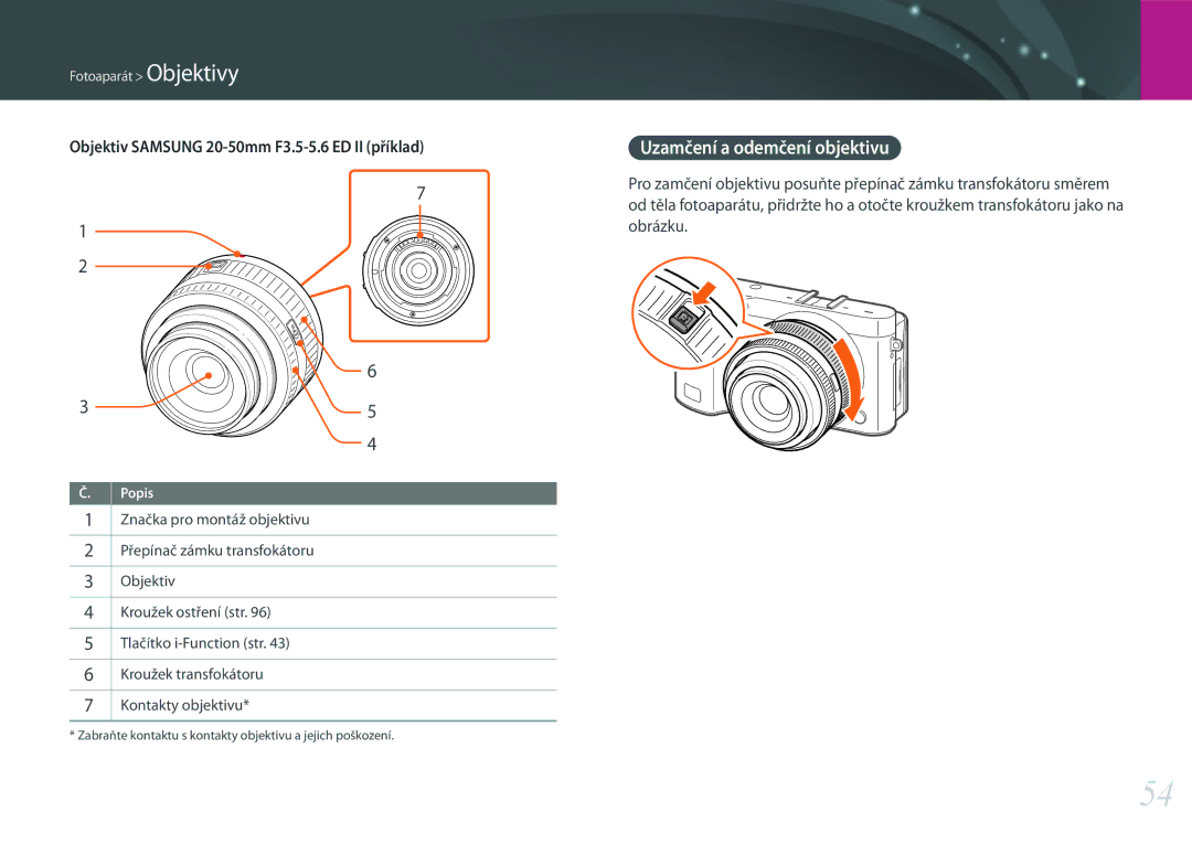 Samsung EV-NX500ZBMIHU, EV-NX500ZBMICH manual Uzamčení a odemčení objektivu, Objektiv Samsung 20-50mm F3.5-5.6 ED II příklad 