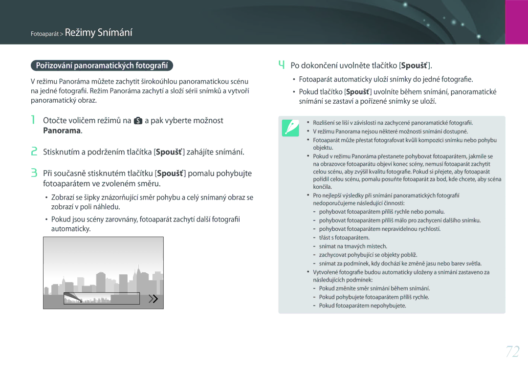 Samsung EV-NX500ZBMIHU, EV-NX500ZBMICH manual Pořizování panoramatických fotografií, Po dokončení uvolněte tlačítko Spoušť 