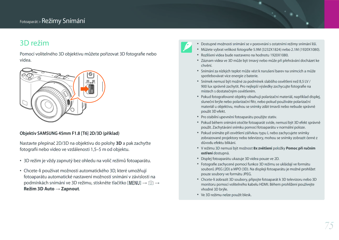 Samsung EV-NX500ZBMIHU, EV-NX500ZBMICH, EV-NX500ZBMHHU manual 3D režim, Objektiv Samsung 45mm F1.8 T6 2D/3D příklad 
