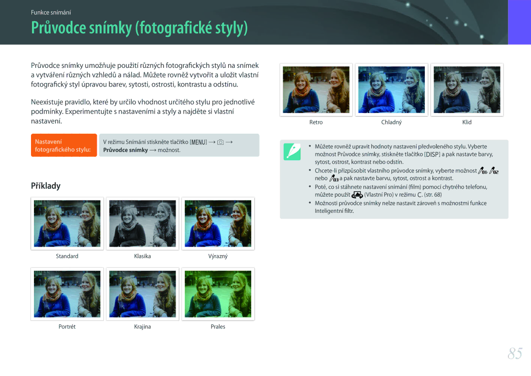 Samsung EV-NX500ZBMHHU, EV-NX500ZBMICH, EV-NX500ZBMIHU manual Průvodce snímky fotografické styly, Nastavení 