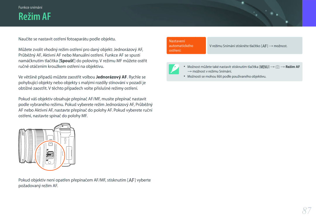 Samsung EV-NX500ZBMIHU, EV-NX500ZBMICH, EV-NX500ZBMHHU manual Režim AF, Naučíte se nastavit ostření fotoaparátu podle objektu 