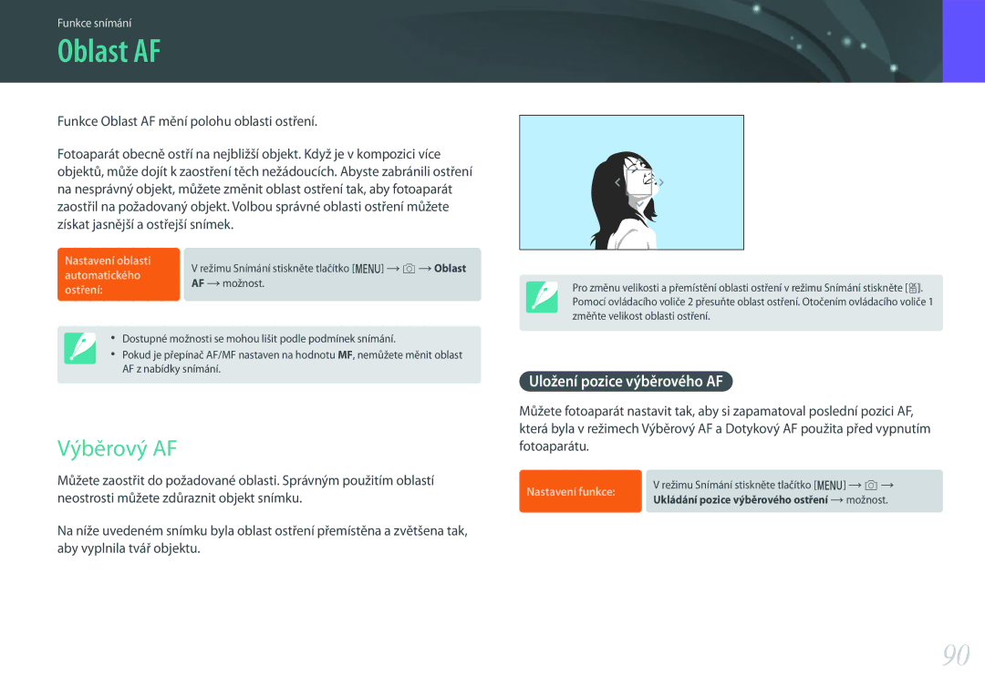 Samsung EV-NX500ZBMIHU, EV-NX500ZBMICH, EV-NX500ZBMHHU manual Oblast AF, Výběrový AF, Uložení pozice výběrového AF 