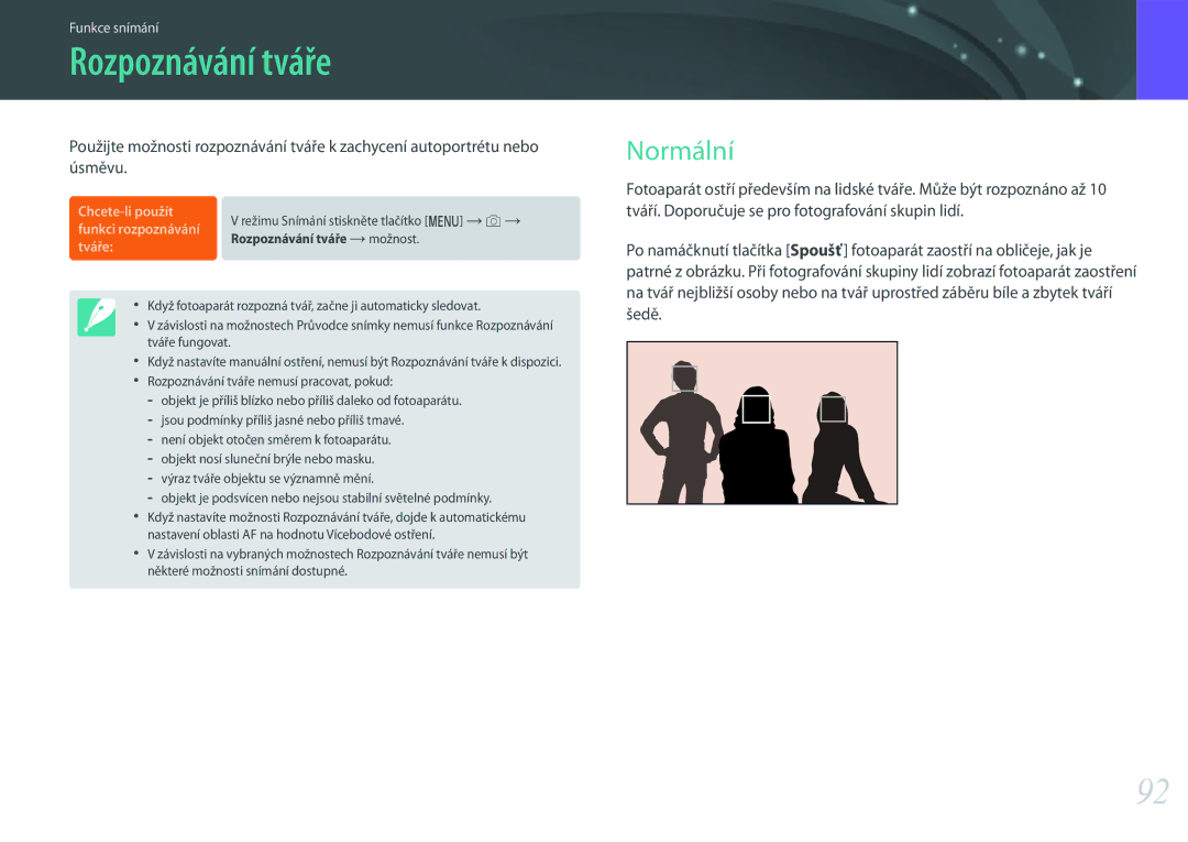 Samsung EV-NX500ZBMICH, EV-NX500ZBMIHU, EV-NX500ZBMHHU manual Rozpoznávání tváře, Normální, Šedě 