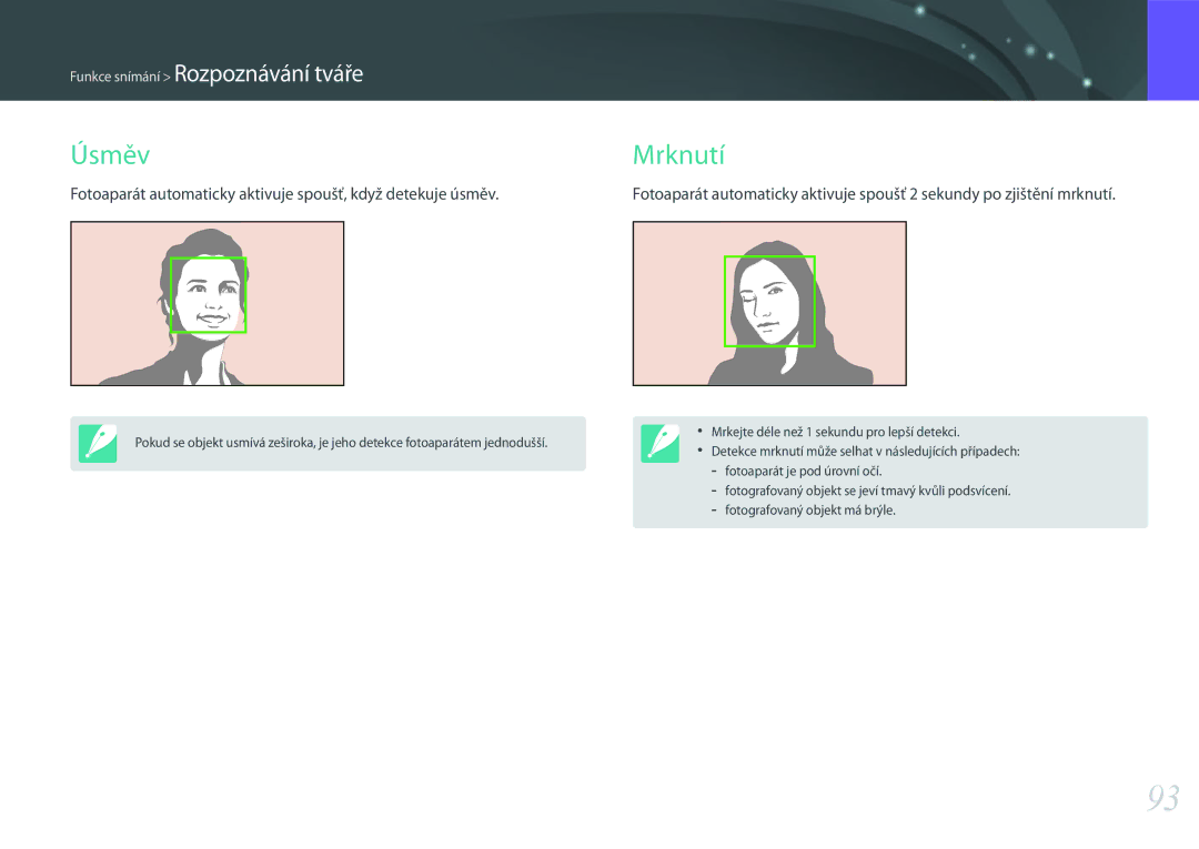 Samsung EV-NX500ZBMIHU, EV-NX500ZBMICH manual Úsměv Mrknutí, Fotoaparát automaticky aktivuje spoušť, když detekuje úsměv 