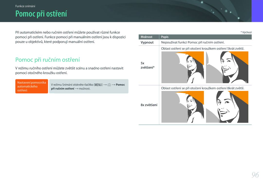Samsung EV-NX500ZBMIHU, EV-NX500ZBMICH, EV-NX500ZBMHHU Pomoc při ostření, Pomoc při ručním ostření, Zvětšení, 8x zvětšení 