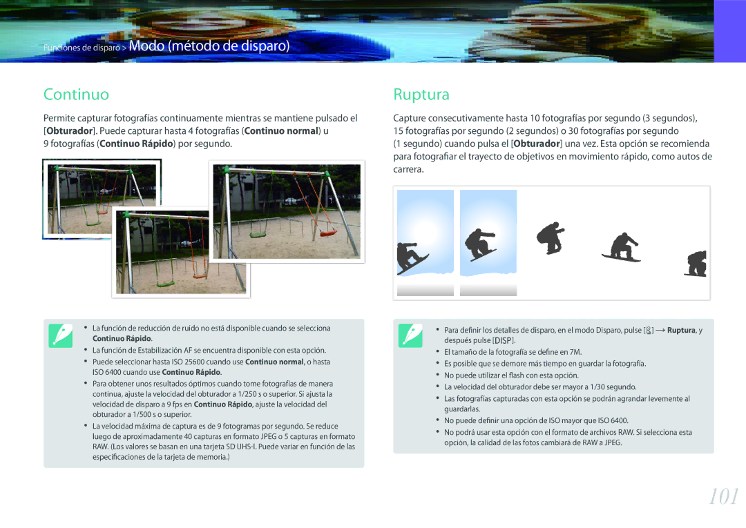 Samsung EV-NX500ZBMIES, EV-NX500ZBMHES manual 101, Ruptura, Fotografías Continuo Rápido por segundo 