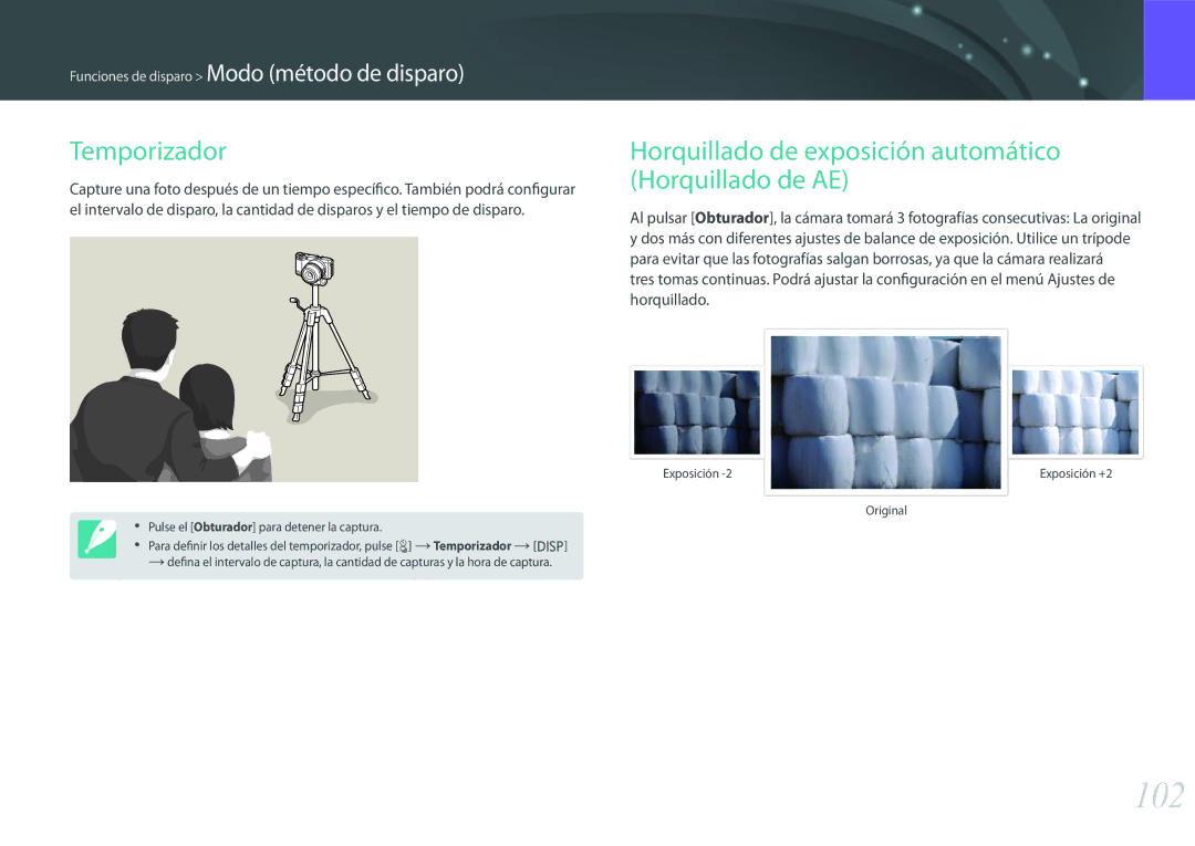 Samsung EV-NX500ZBMHES, EV-NX500ZBMIES manual 102, Temporizador, Horquillado de exposición automático Horquillado de AE 