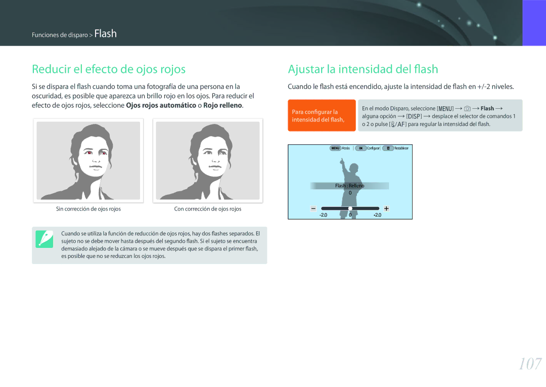 Samsung EV-NX500ZBMIES, EV-NX500ZBMHES manual 107, Reducir el efecto de ojos rojos, Ajustar la intensidad del flash 