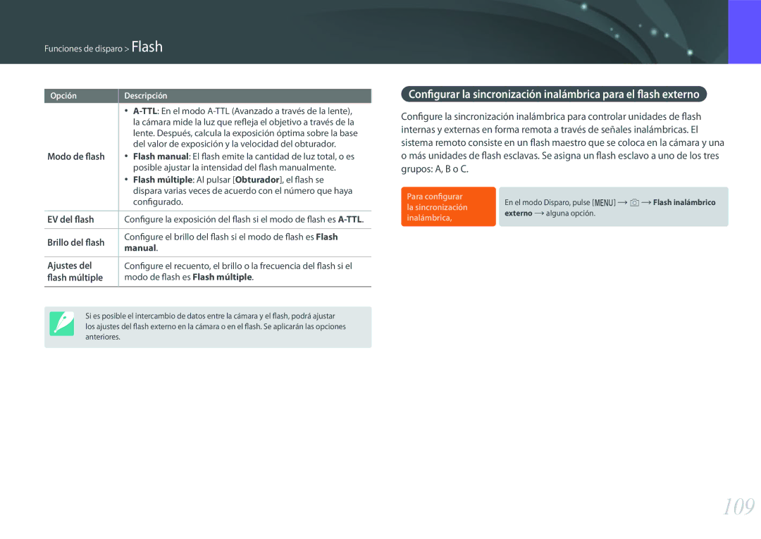 Samsung EV-NX500ZBMIES, EV-NX500ZBMHES manual 109, Modo de flash, EV del flash, Ajustes del, Flash múltiple 