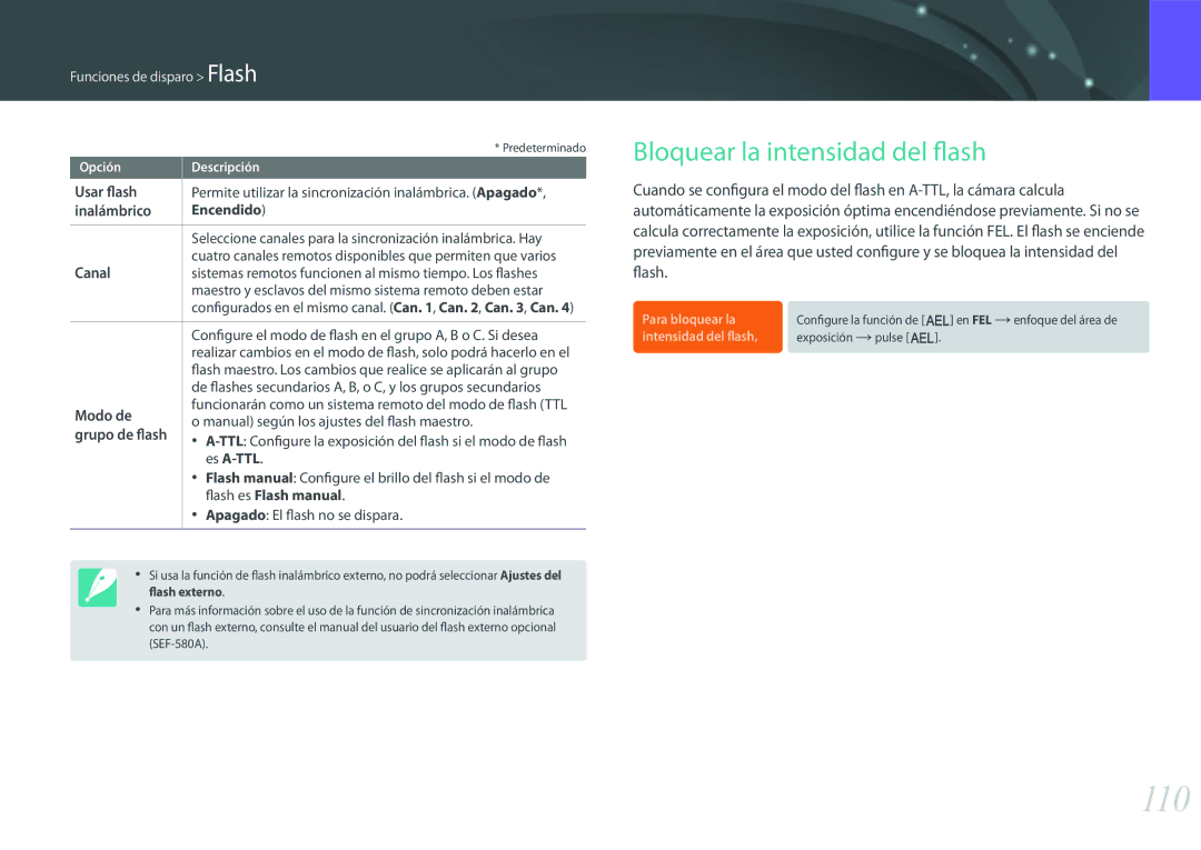 Samsung EV-NX500ZBMHES, EV-NX500ZBMIES manual 110, Bloquear la intensidad del flash 