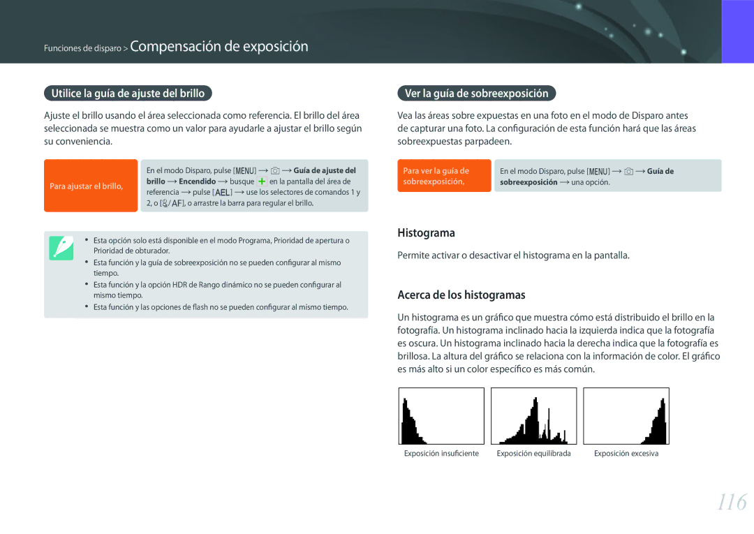 Samsung EV-NX500ZBMHES, EV-NX500ZBMIES 116, Histograma, Acerca de los histogramas, Utilice la guía de ajuste del brillo 