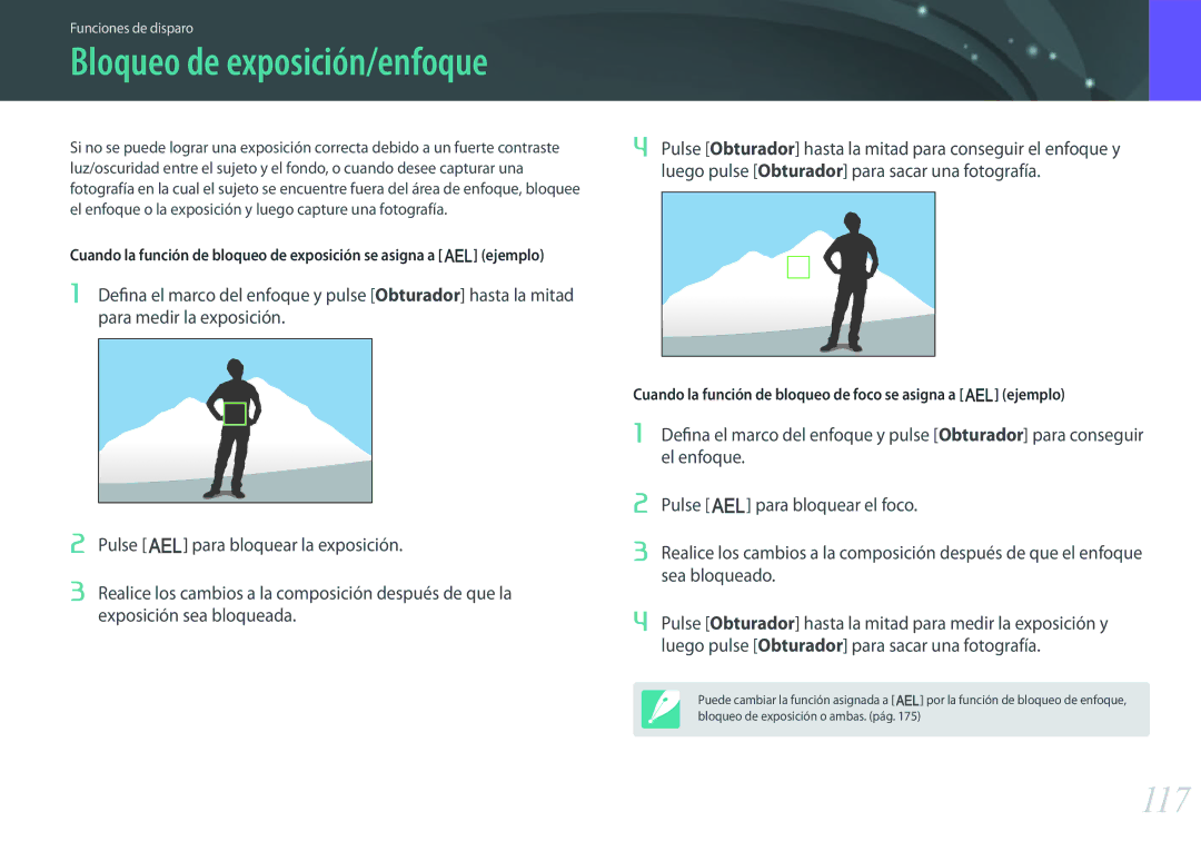 Samsung EV-NX500ZBMIES, EV-NX500ZBMHES manual 117, Bloqueo de exposición/enfoque 