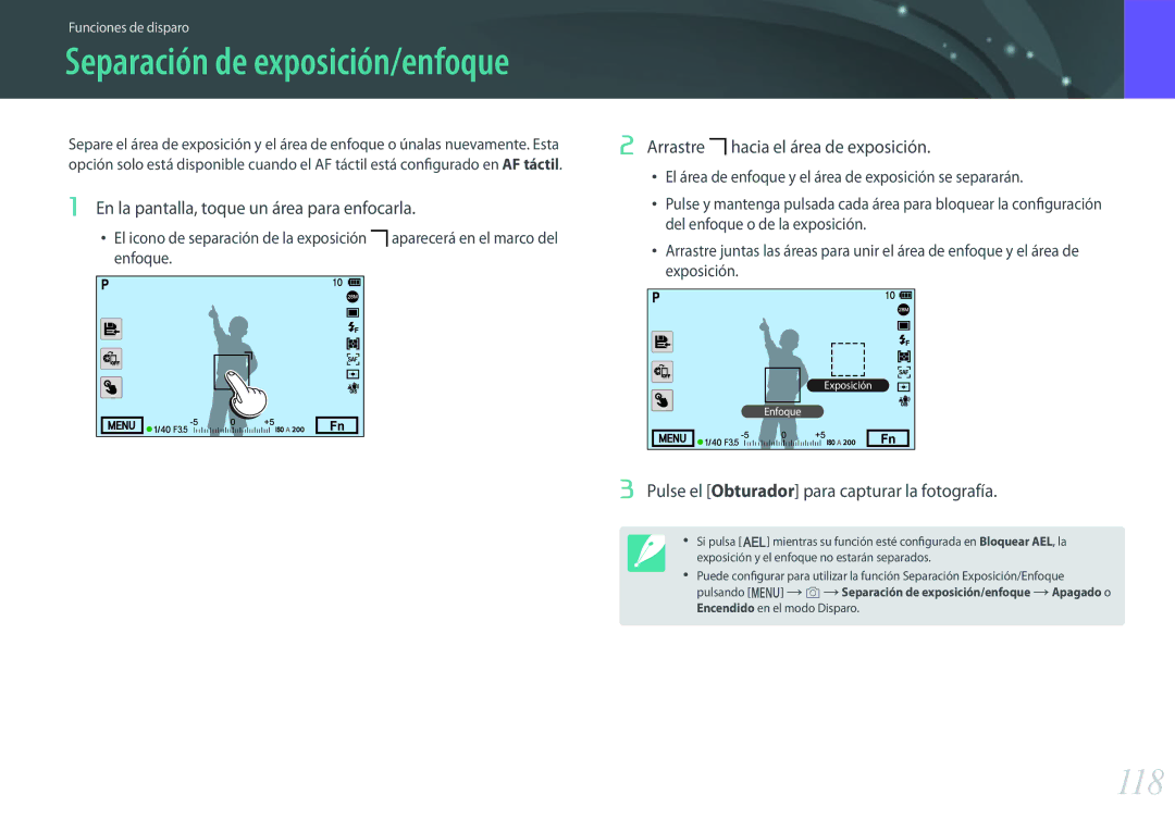 Samsung EV-NX500ZBMHES manual 118, En la pantalla, toque un área para enfocarla, Arrastre hacia el área de exposición 