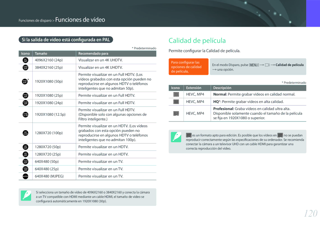 Samsung EV-NX500ZBMHES, EV-NX500ZBMIES manual 120, Calidad de película, Si la salida de vídeo está configurada en PAL 