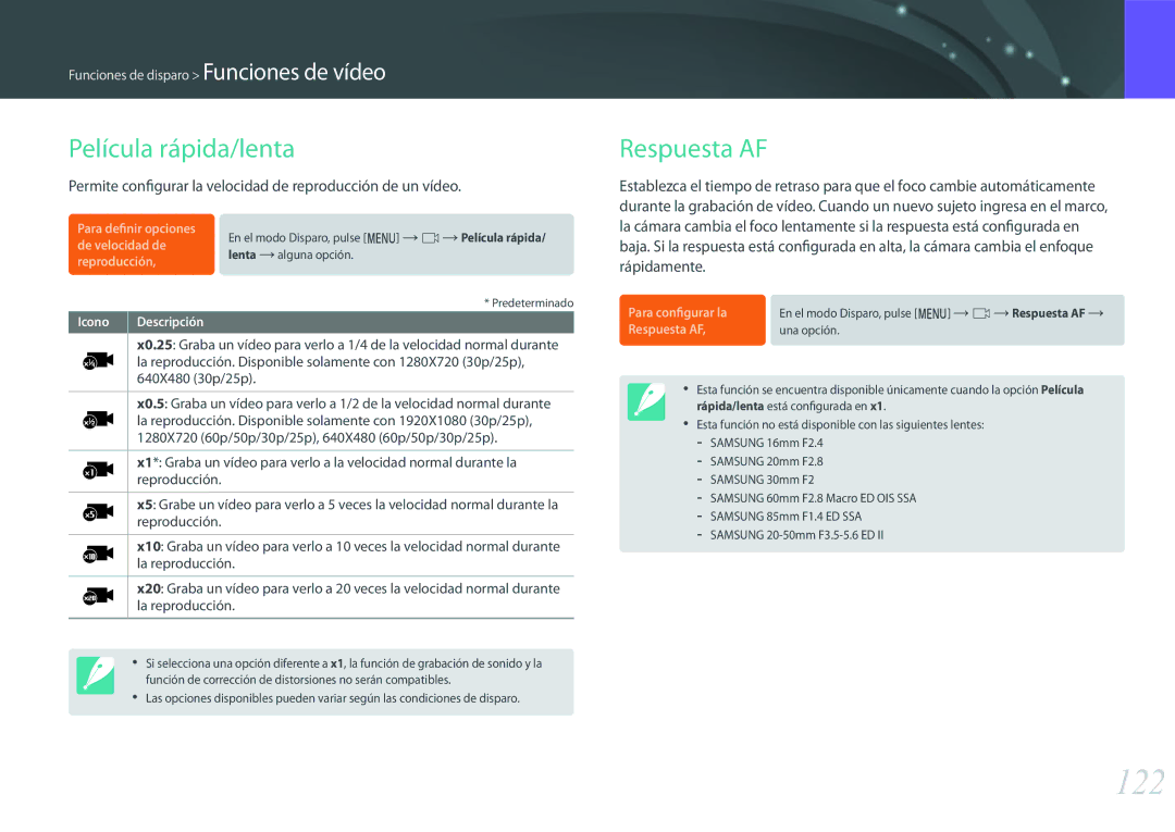 Samsung EV-NX500ZBMHES, EV-NX500ZBMIES manual 122, Película rápida/lenta, Respuesta AF 