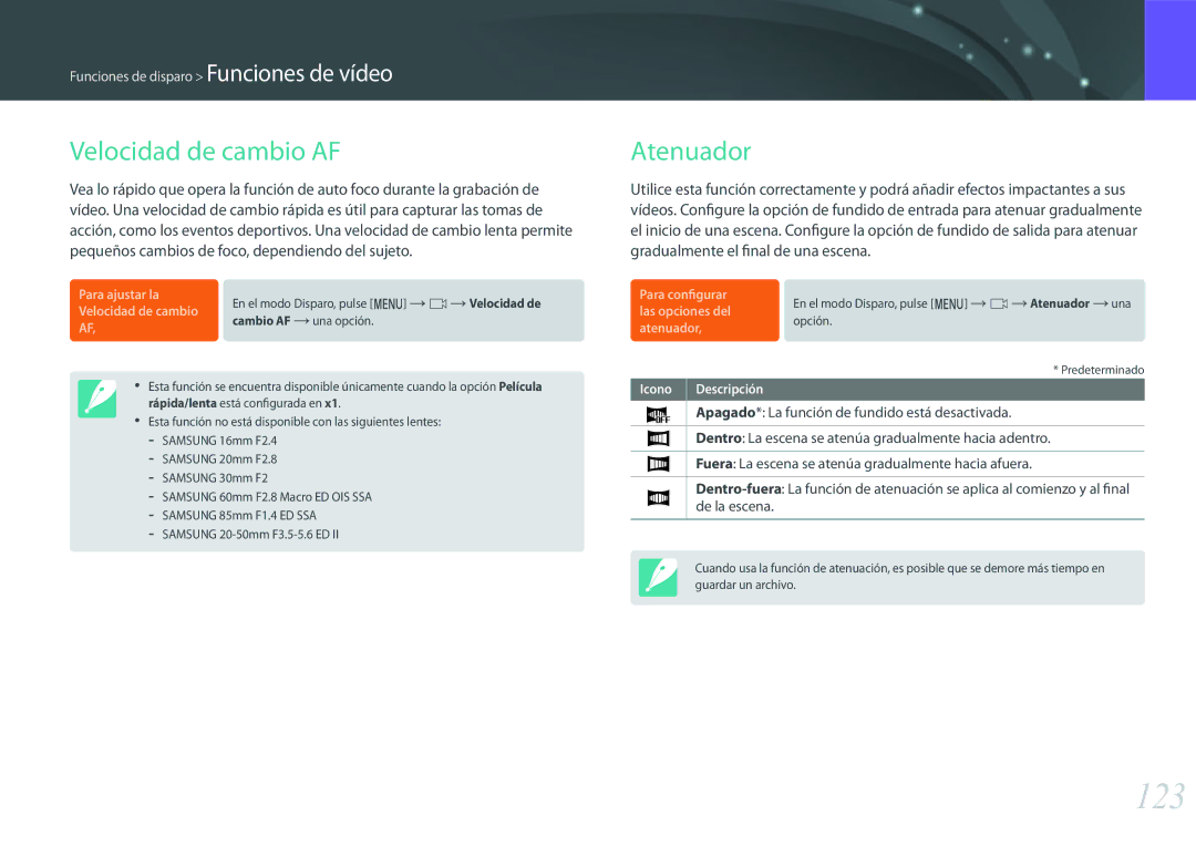 Samsung EV-NX500ZBMIES, EV-NX500ZBMHES manual 123, Velocidad de cambio AF, Atenuador 