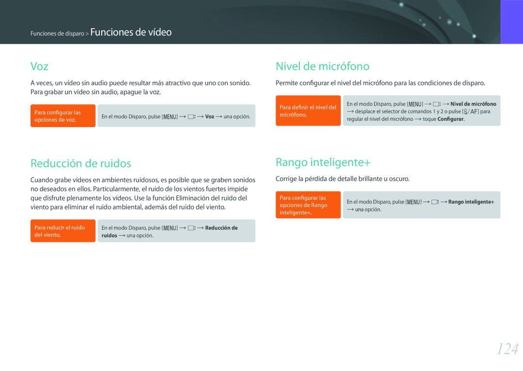 Samsung EV-NX500ZBMHES, EV-NX500ZBMIES manual 124, Voz, Nivel de micrófono, Reducción de ruidos, Rango inteligente+ 
