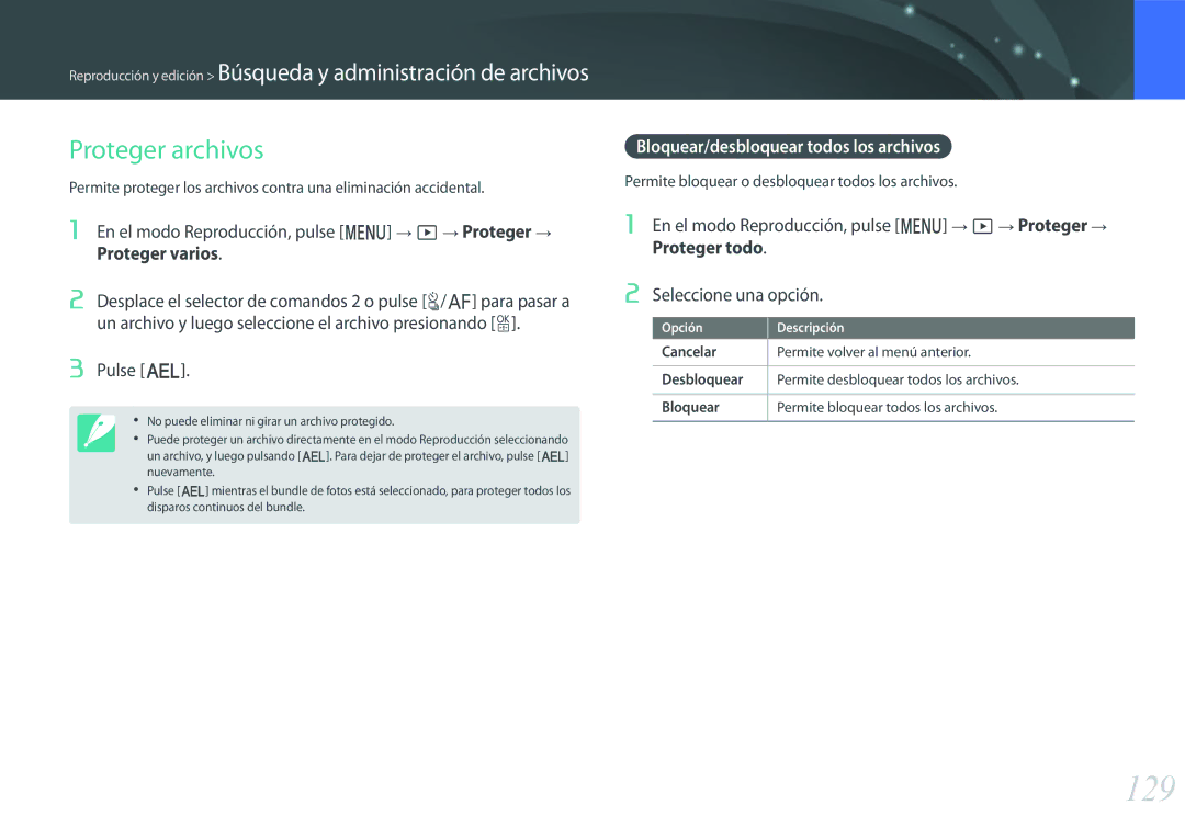 Samsung EV-NX500ZBMIES, EV-NX500ZBMHES manual 129, Proteger archivos, Bloquear/desbloquear todos los archivos 