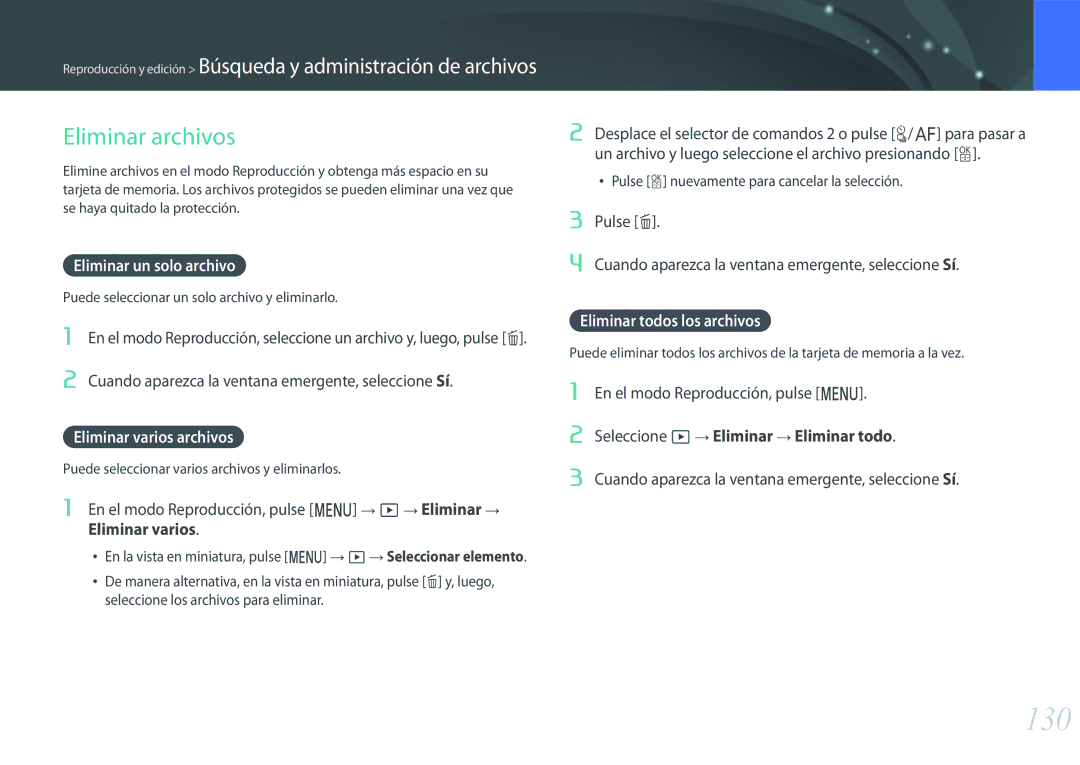 Samsung EV-NX500ZBMHES, EV-NX500ZBMIES manual 130, Eliminar archivos, Eliminar un solo archivo, Eliminar varios archivos 