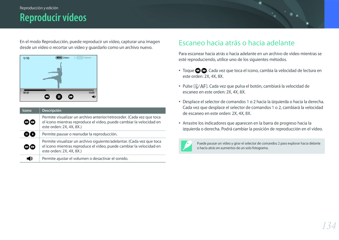 Samsung EV-NX500ZBMHES, EV-NX500ZBMIES Reproducir vídeos, 134, Escaneo hacia atrás o hacia adelante, Este orden 2X, 4X 