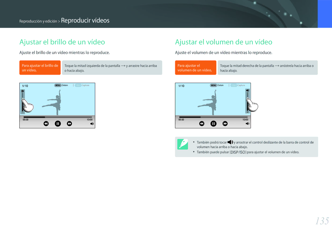 Samsung EV-NX500ZBMIES, EV-NX500ZBMHES manual 135, Ajustar el brillo de un vídeo, Ajustar el volumen de un vídeo 