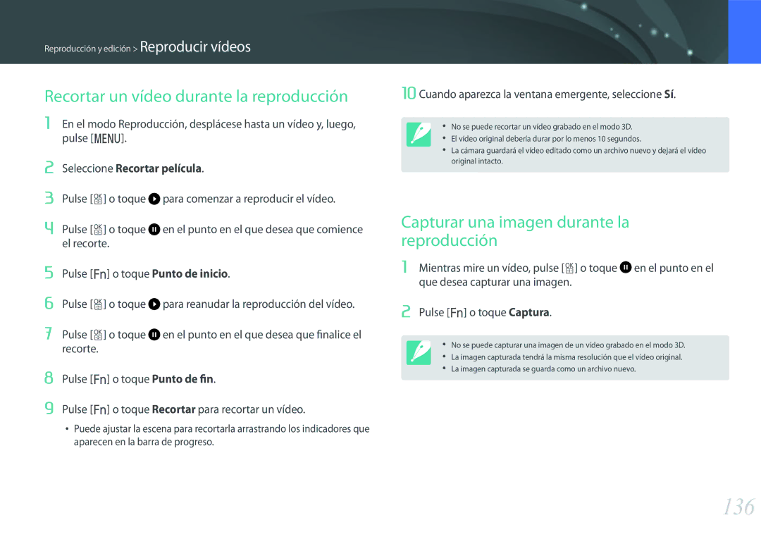 Samsung EV-NX500ZBMHES manual 136, Recortar un vídeo durante la reproducción, Capturar una imagen durante la reproducción 