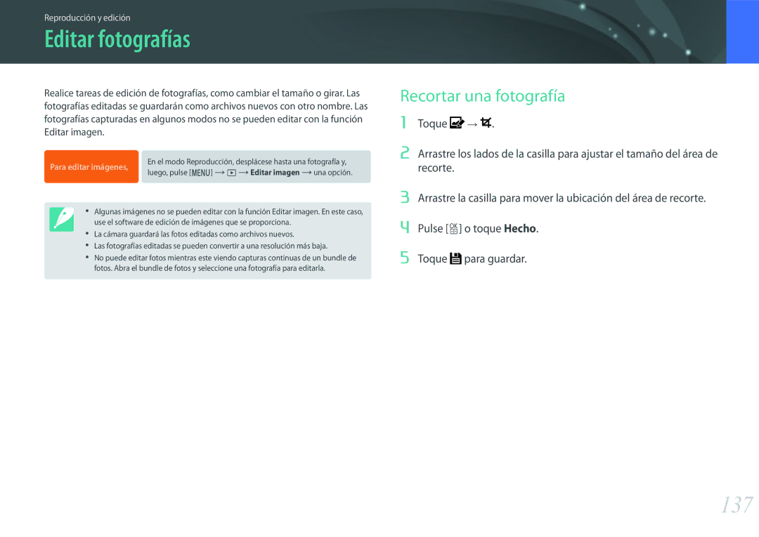 Samsung EV-NX500ZBMIES manual Editar fotografías, 137, Recortar una fotografía, Pulse o o toque Hecho, Toque Para guardar 