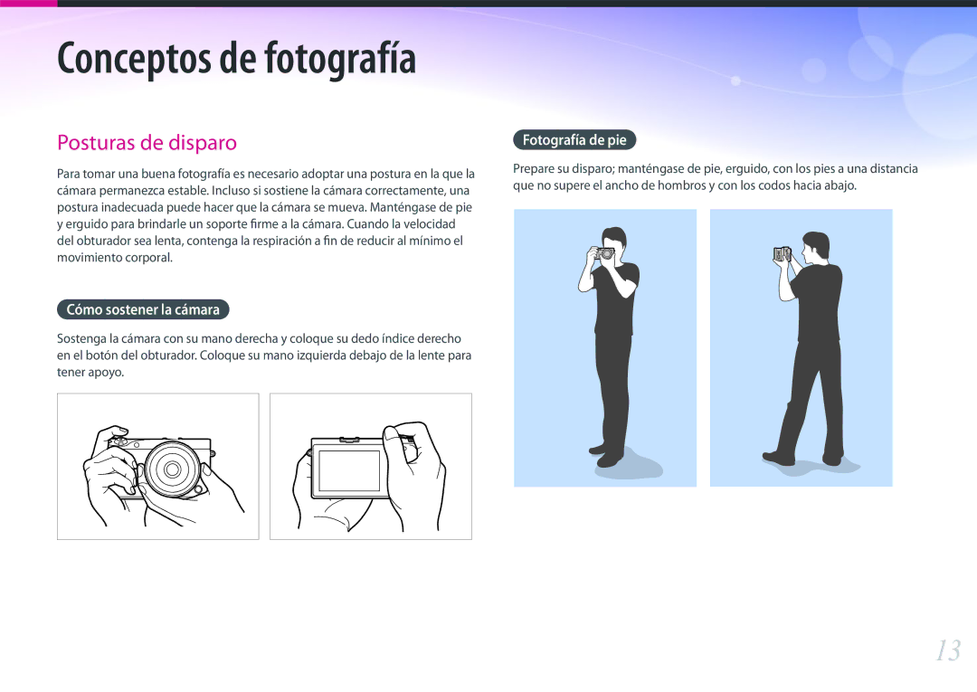 Samsung EV-NX500ZBMIES, EV-NX500ZBMHES manual Cómo sostener la cámara, Fotografía de pie 