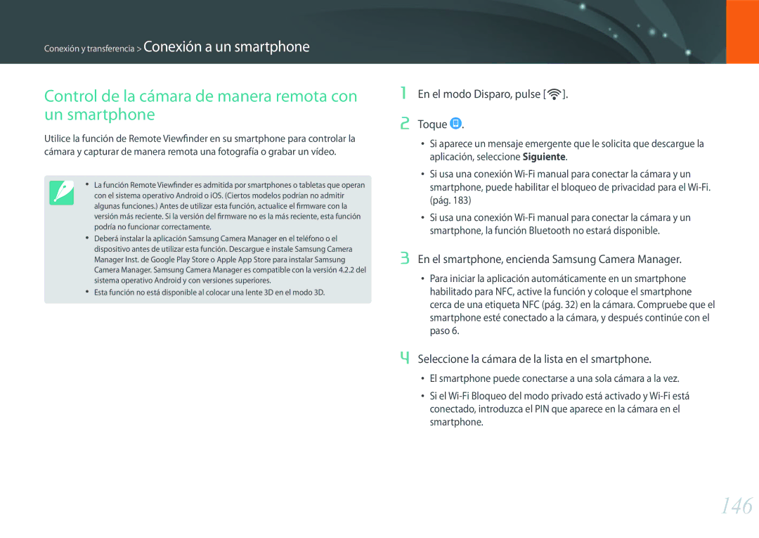 Samsung EV-NX500ZBMHES, EV-NX500ZBMIES manual 146, Control de la cámara de manera remota con un smartphone 