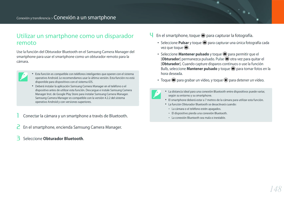 Samsung EV-NX500ZBMHES manual 148, Utilizar un smartphone como un disparador remoto, Seleccione Obturador Bluetooth 