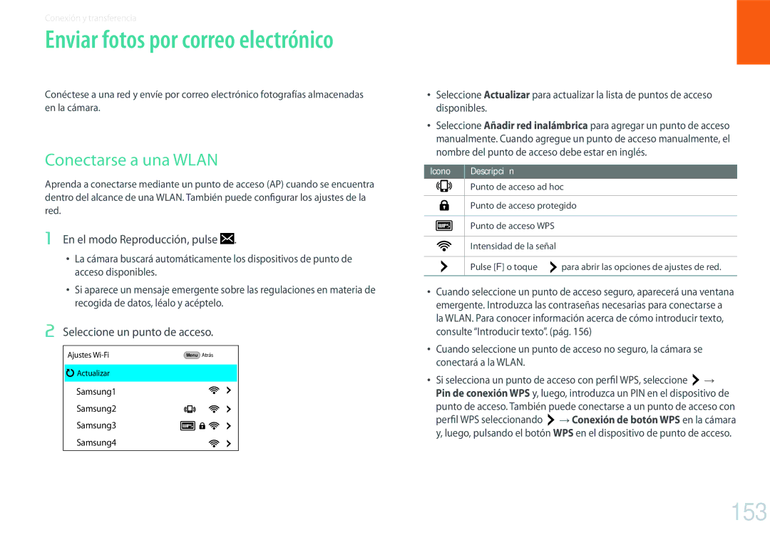 Samsung EV-NX500ZBMIES manual 153, Conectarse a una Wlan, En el modo Reproducción, pulse, Seleccione un punto de acceso 