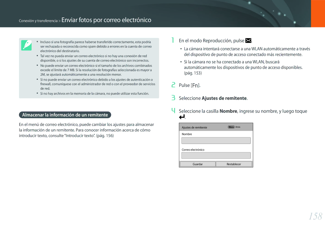 Samsung EV-NX500ZBMHES manual 158, Almacenar la información de un remitente, Pulse f, Seleccione Ajustes de remitente 