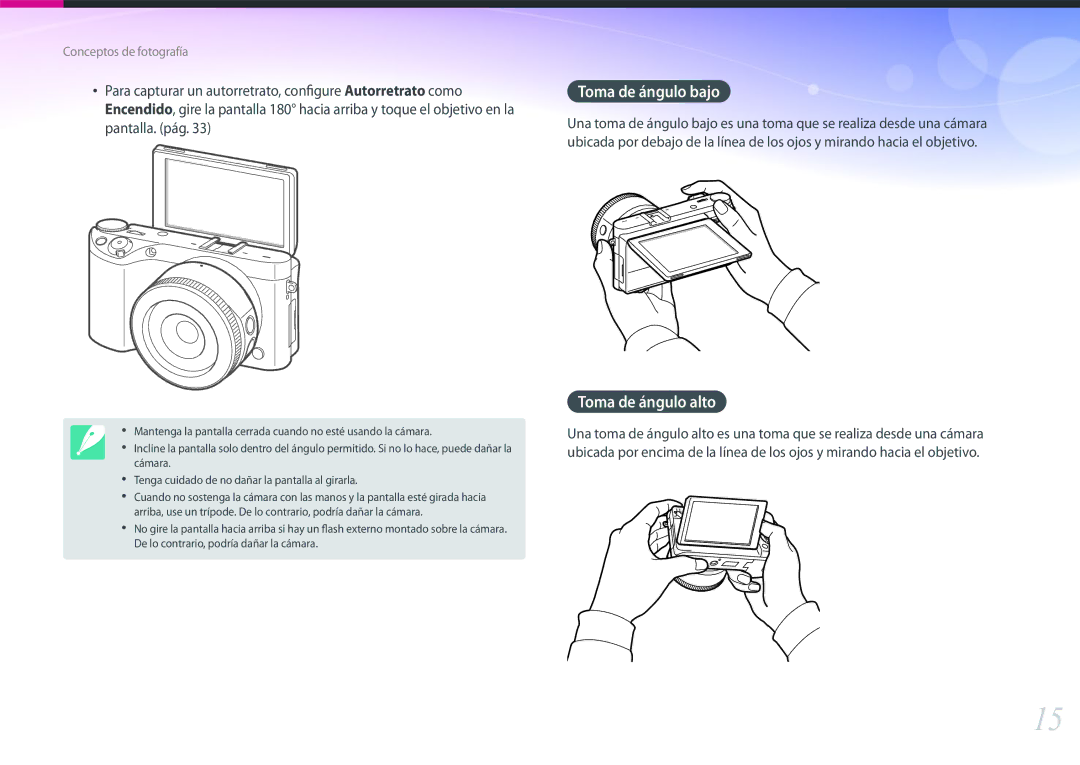 Samsung EV-NX500ZBMIES, EV-NX500ZBMHES manual Toma de ángulo bajo, Toma de ángulo alto 