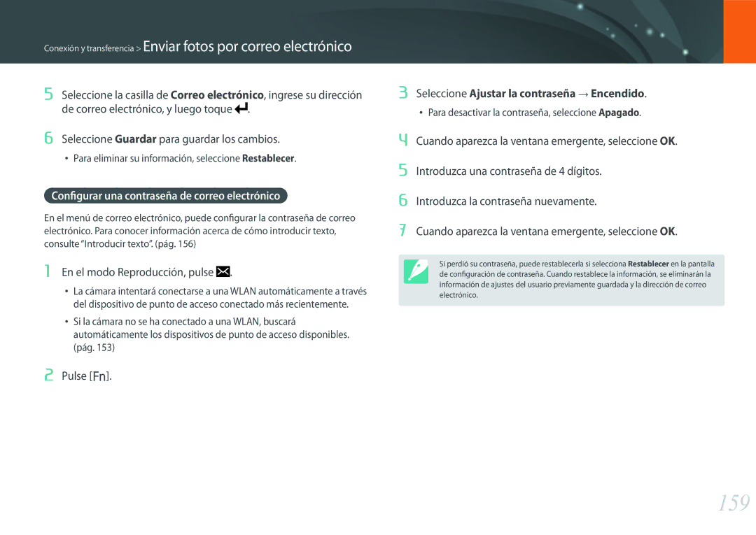 Samsung EV-NX500ZBMIES 159, Configurar una contraseña de correo electrónico, Seleccione Ajustar la contraseña Encendido 