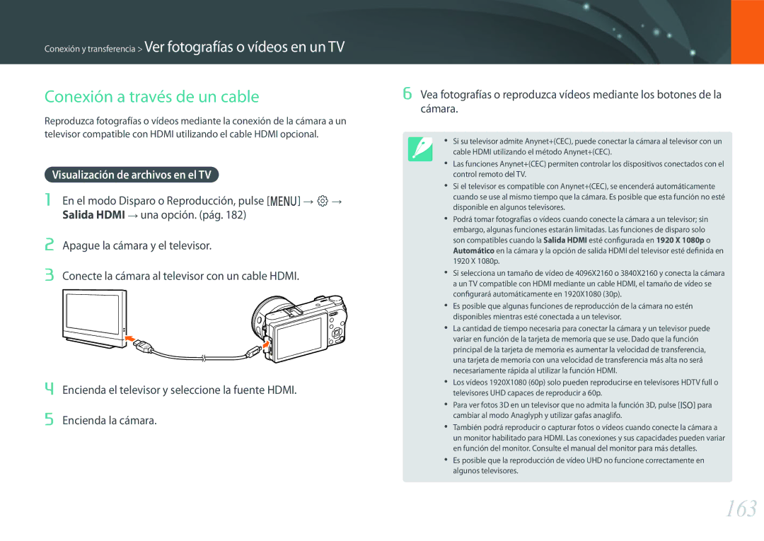 Samsung EV-NX500ZBMIES manual 163, Conexión a través de un cable, Visualización de archivos en el TV, Encienda la cámara 