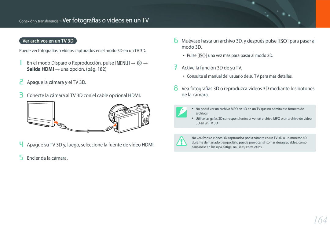 Samsung EV-NX500ZBMHES manual 164, Ver archivos en un TV 3D, Apague la cámara y el TV 3D, Active la función 3D de su TV 