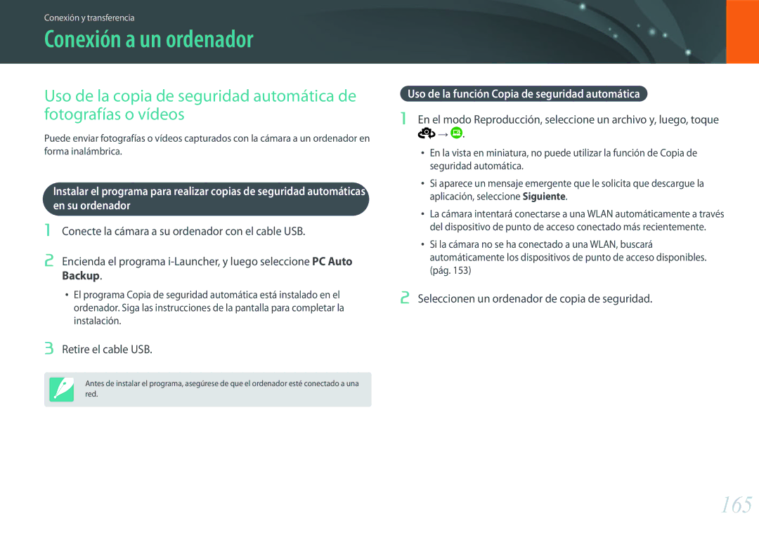 Samsung EV-NX500ZBMIES manual Conexión a un ordenador, 165, Backup, Uso de la función Copia de seguridad automática 
